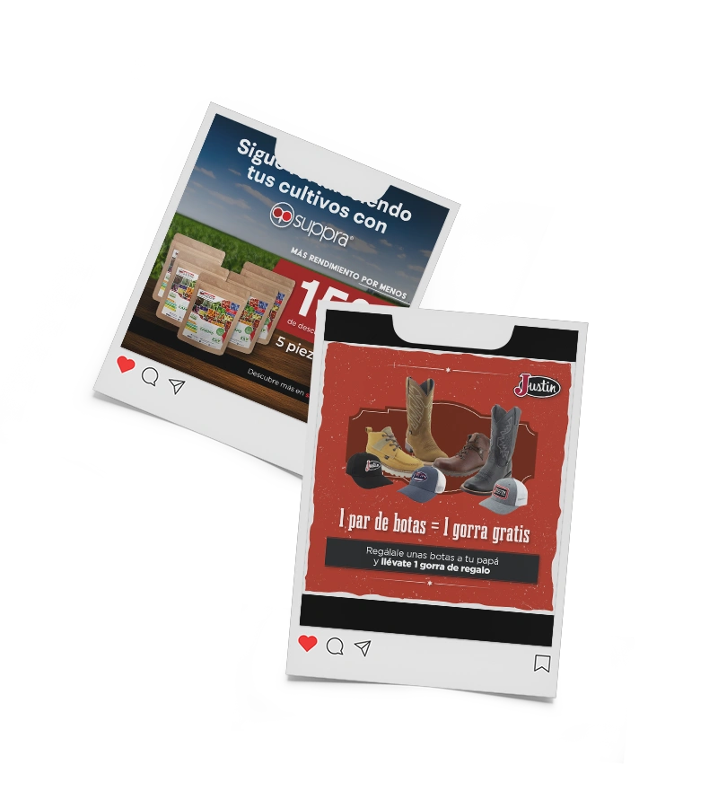 Dos publicaciones para campañas de marketing digital de las marcas Justin Boots y Suppra