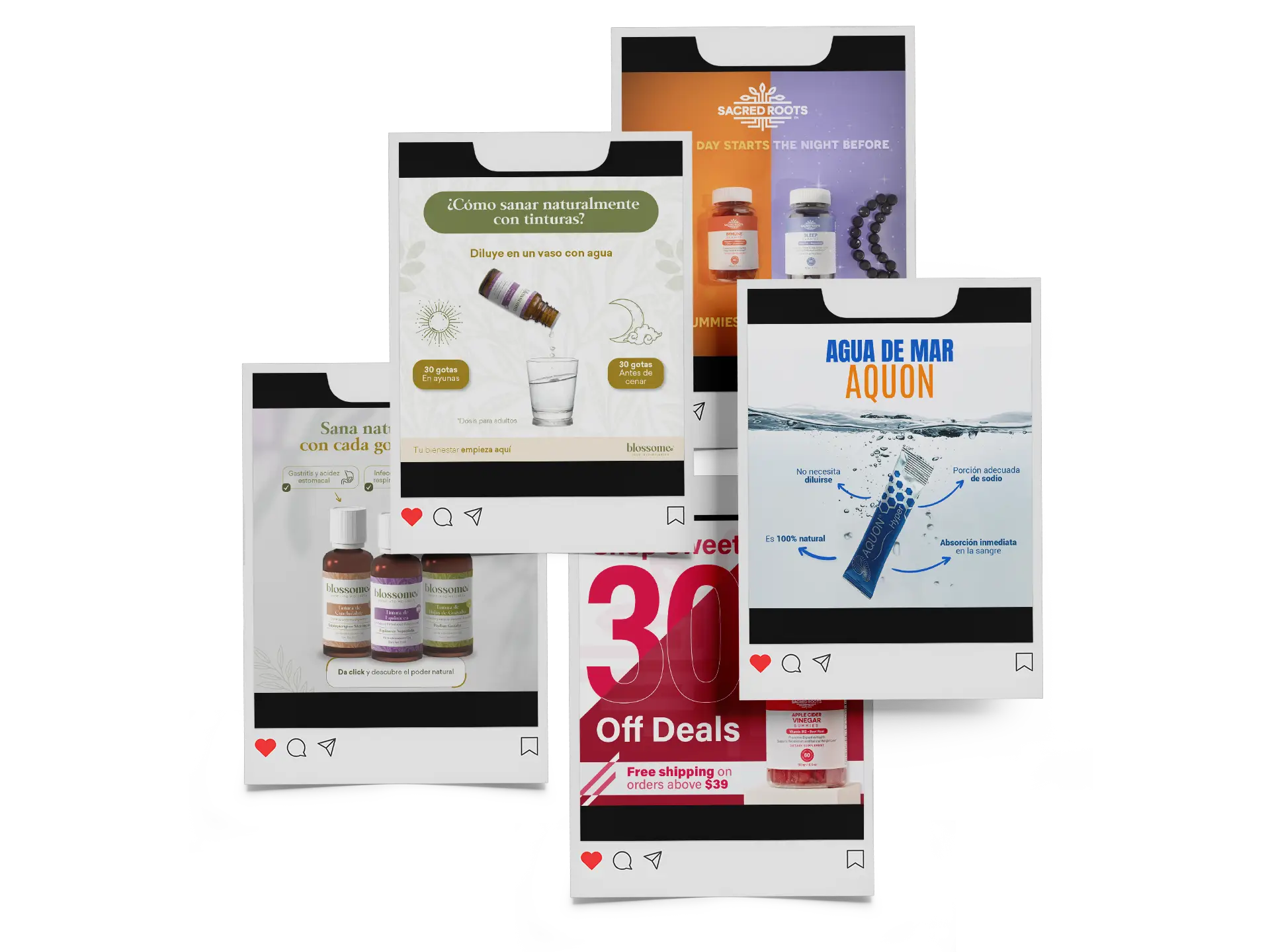 Mockup de posts para campañas de redes de las marcas Sacred Roots, Blossome y AQUON