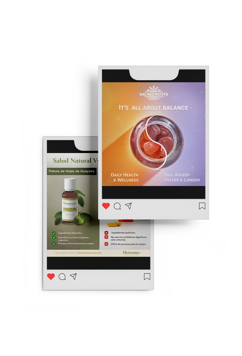 Mockup con dos publicaciones para las redes de Blossome y Sacred Roots